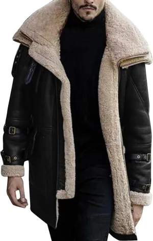 Mens Sherpa Lined Suede Leather Jacket Sheepskin Shearling Faux Fur Lined Winter Jacket Outdoor Trench Coat Outerwear