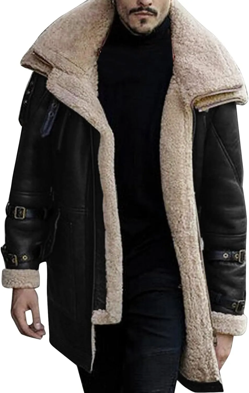 Mens Sherpa Lined Suede Leather Jacket Sheepskin Shearling Faux Fur Lined Winter Jacket Outdoor Trench Coat Outerwear
