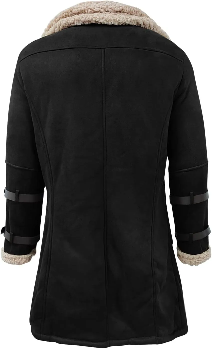 Mens Sherpa Lined Suede Leather Jacket Sheepskin Shearling Faux Fur Lined Winter Jacket Outdoor Trench Coat Outerwear