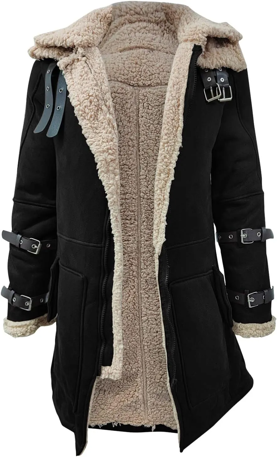 Mens Sherpa Lined Suede Leather Jacket Sheepskin Shearling Faux Fur Lined Winter Jacket Outdoor Trench Coat Outerwear