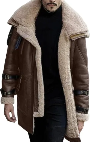 Mens Sherpa Lined Suede Leather Jacket Sheepskin Shearling Faux Fur Lined Winter Jacket Outdoor Trench Coat Outerwear