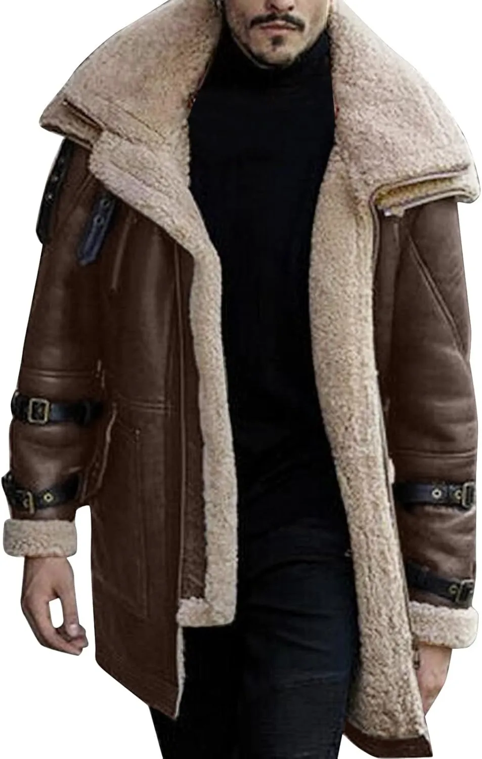 Mens Sherpa Lined Suede Leather Jacket Sheepskin Shearling Faux Fur Lined Winter Jacket Outdoor Trench Coat Outerwear