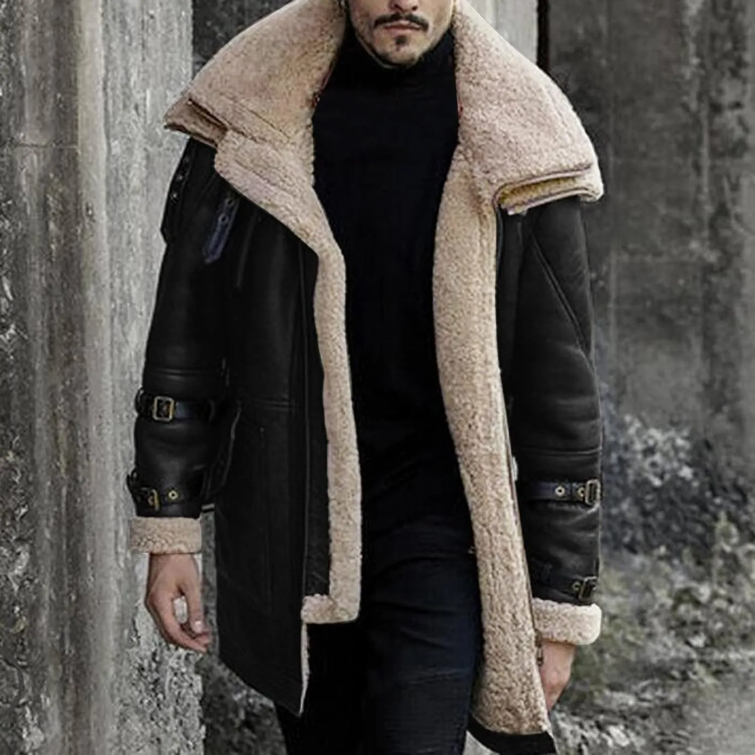 Mens Sherpa Lined Suede Leather Jacket Sheepskin Shearling Faux Fur Lined Winter Jacket Outdoor Trench Coat Outerwear
