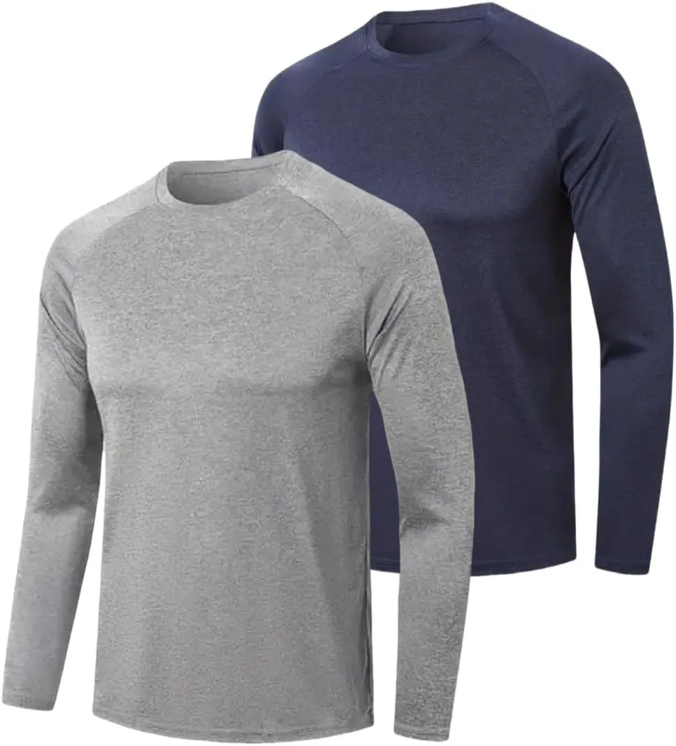 Men's Shirts Long Sleeve Workout T Shirts Sun Protection Quick Dry Fit Athletic Fishing Running Tee Tops 2 Pack