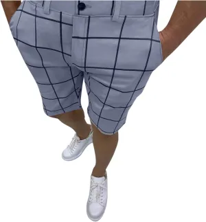 Mens Shorts Slim Fit Stretch Chino Short Pants Flat Front Summer Chino Checked Tartan Golf Yoga Basic Plaid Short