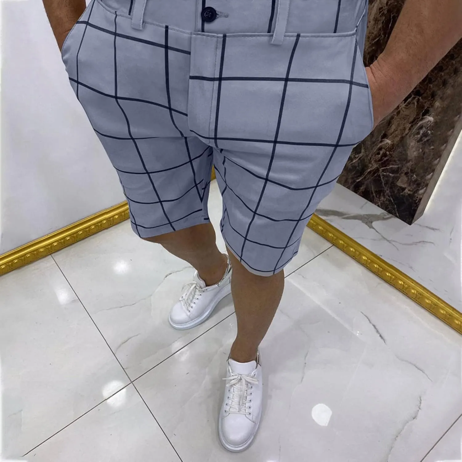 Mens Shorts Slim Fit Stretch Chino Short Pants Flat Front Summer Chino Checked Tartan Golf Yoga Basic Plaid Short