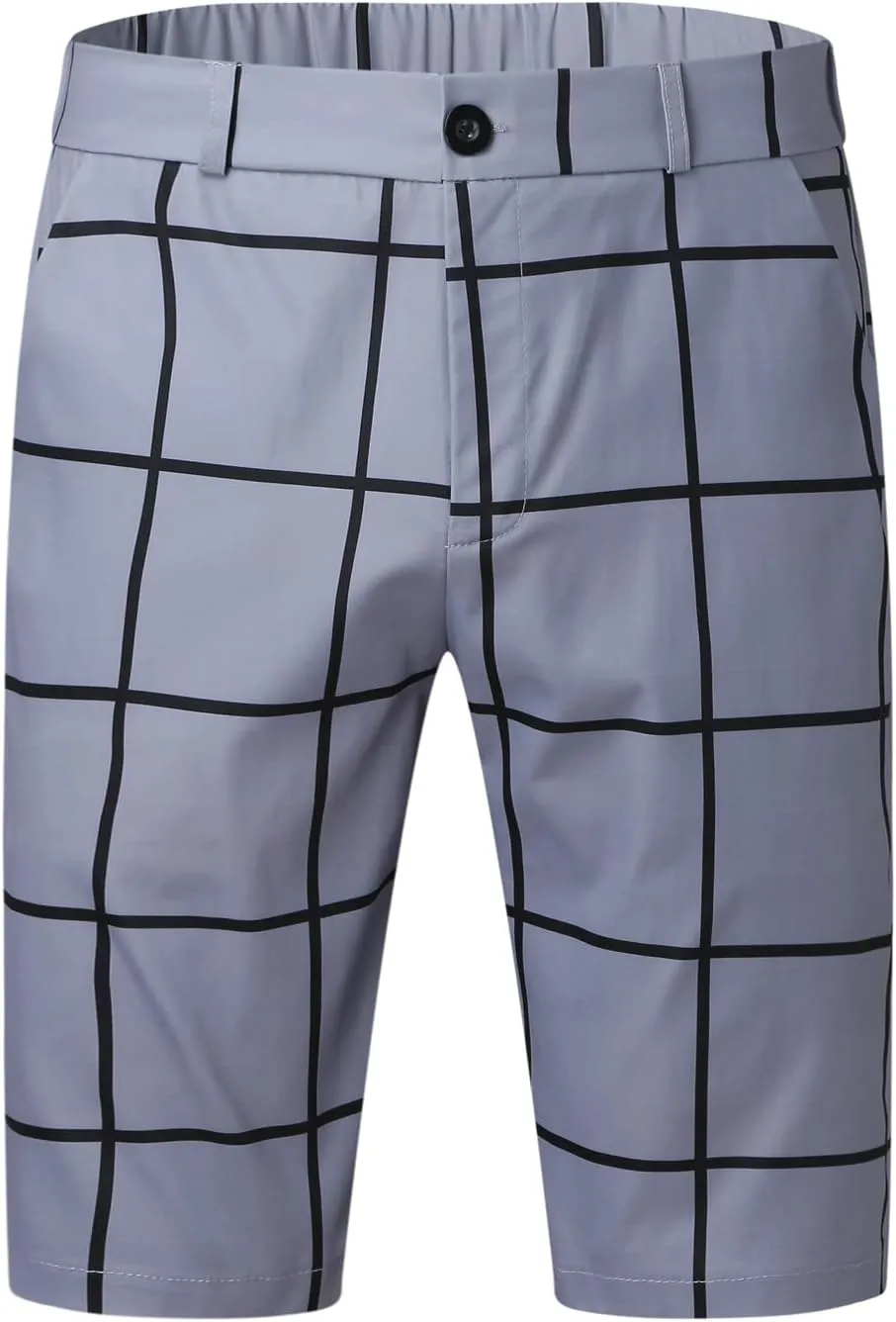 Mens Shorts Slim Fit Stretch Chino Short Pants Flat Front Summer Chino Checked Tartan Golf Yoga Basic Plaid Short