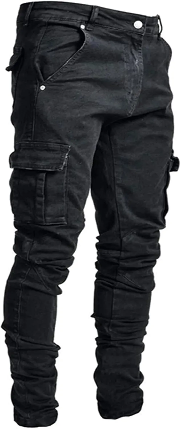 Men's Slim Fit Stretch Cargo Jeans Moto Biker Skinny Ripped Denim Pencil Pants Fashion Pocketed Straight Casual Pants