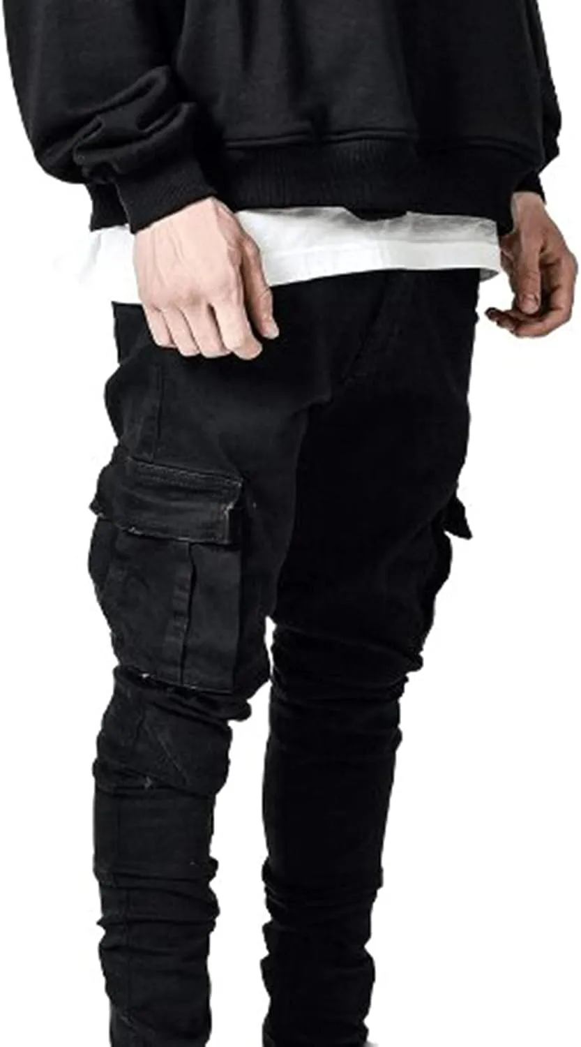 Men's Slim Fit Stretch Cargo Jeans Moto Biker Skinny Ripped Denim Pencil Pants Fashion Pocketed Straight Casual Pants