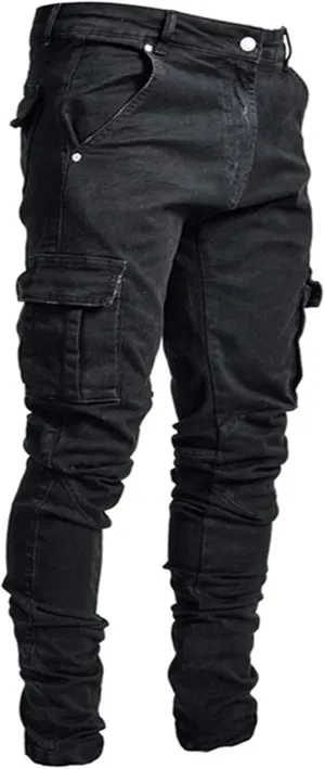 Men's Slim Fit Stretch Cargo Jeans Moto Biker Skinny Ripped Denim Pencil Pants Fashion Pocketed Straight Casual Pants