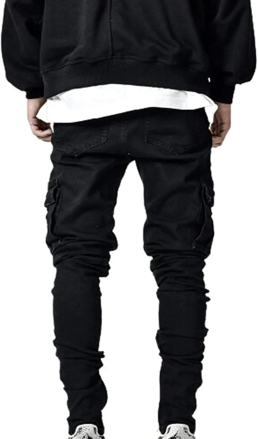 Men's Slim Fit Stretch Cargo Jeans Moto Biker Skinny Ripped Denim Pencil Pants Fashion Pocketed Straight Casual Pants
