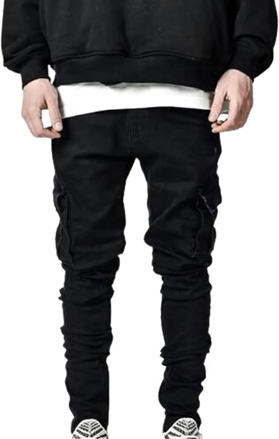 Men's Slim Fit Stretch Cargo Jeans Moto Biker Skinny Ripped Denim Pencil Pants Fashion Pocketed Straight Casual Pants