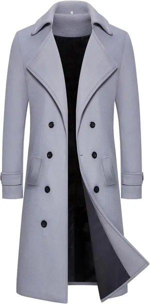 Men's Slim Fit Winter Pea Coat Notched Collar Wool Blend Trench Overcoat with Pockets