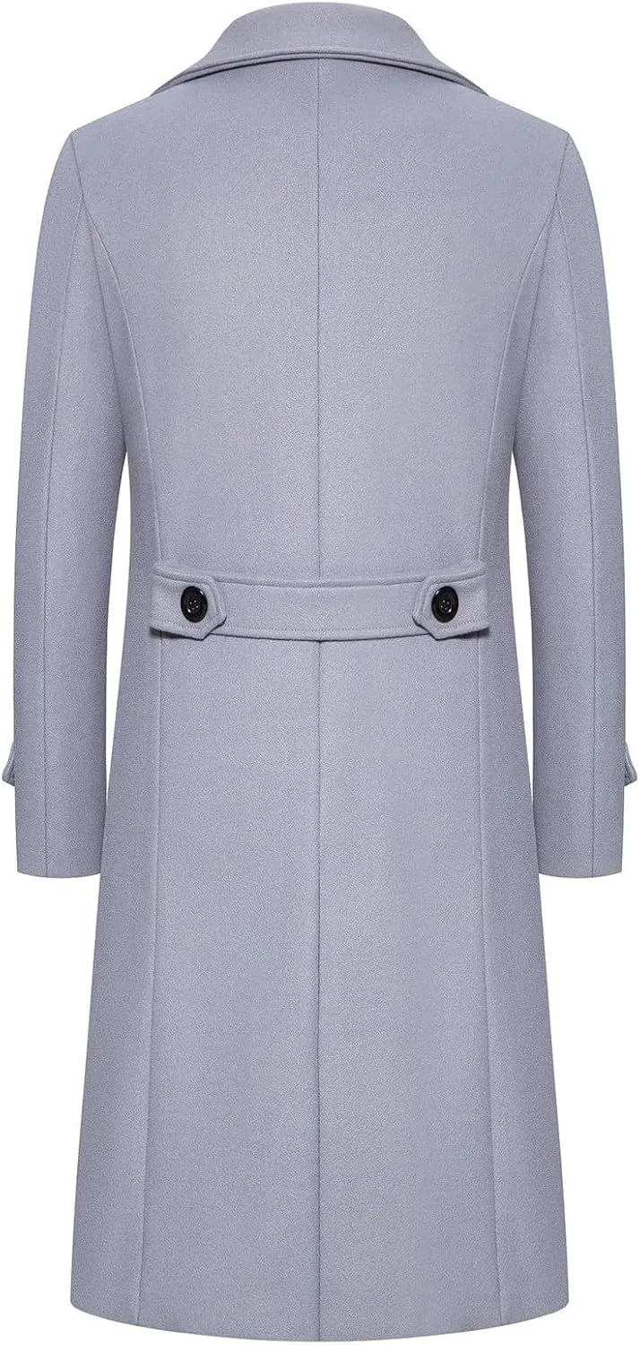 Men's Slim Fit Winter Pea Coat Notched Collar Wool Blend Trench Overcoat with Pockets