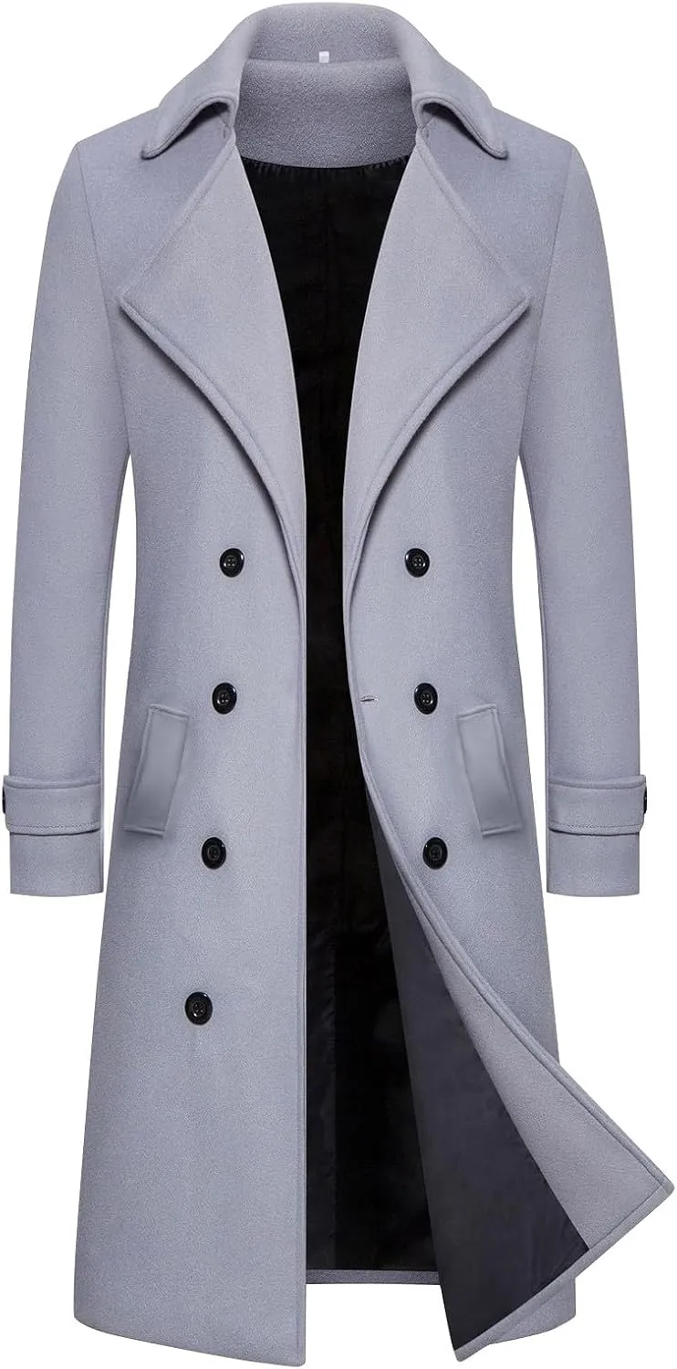 Men's Slim Fit Winter Pea Coat Notched Collar Wool Blend Trench Overcoat with Pockets