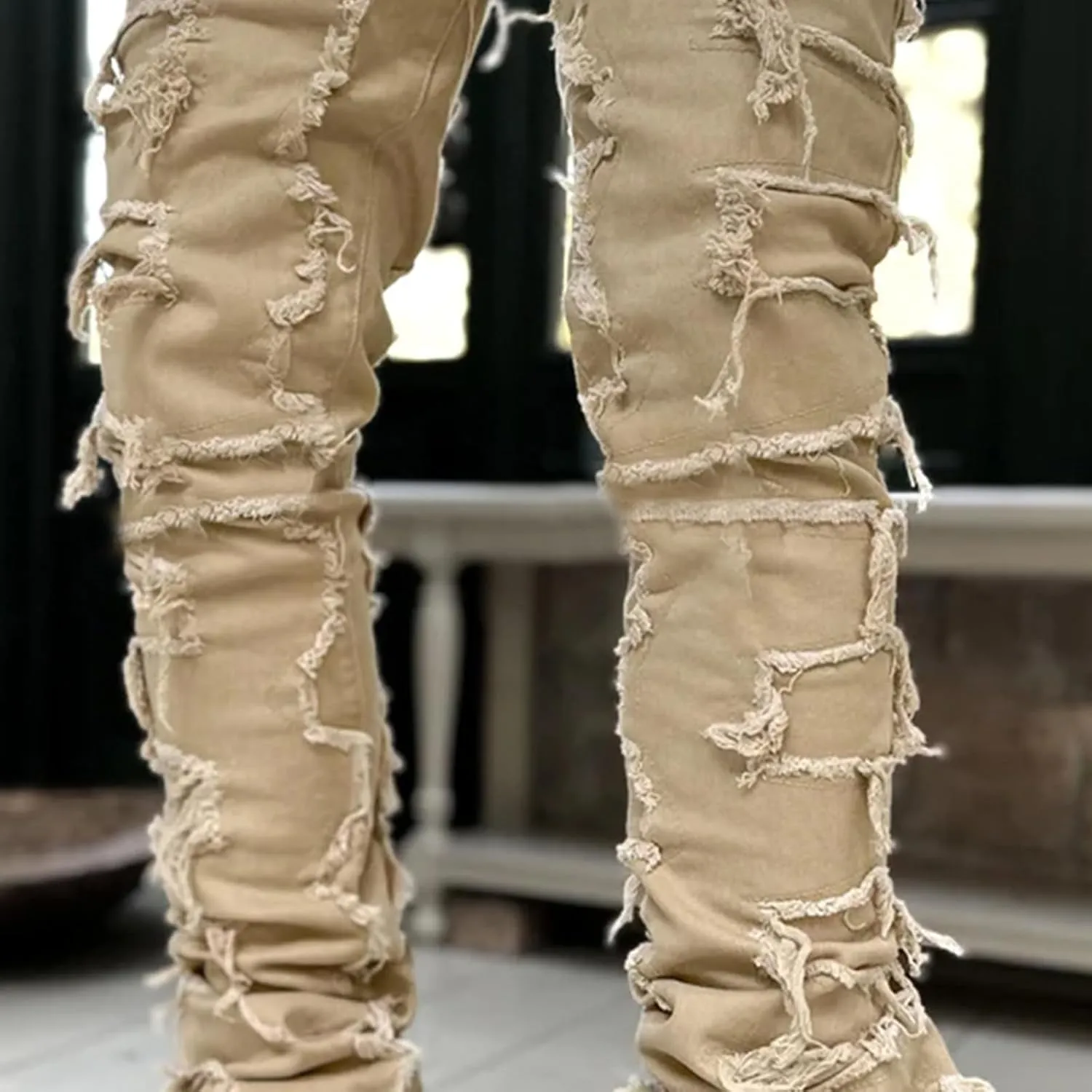 Mens Stacked Jeans Stretch Slim Fit Casual Ripped Destroyed Straight Denim Pants Harajuku Hip Hop Vintage Trousers