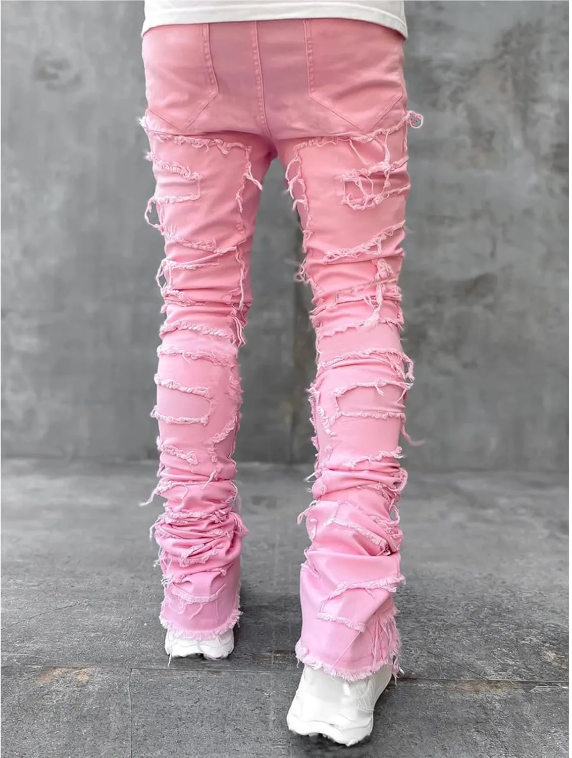 Mens Stacked Jeans Stretch Slim Fit Casual Ripped Destroyed Straight Denim Pants Harajuku Hip Hop Vintage Trousers