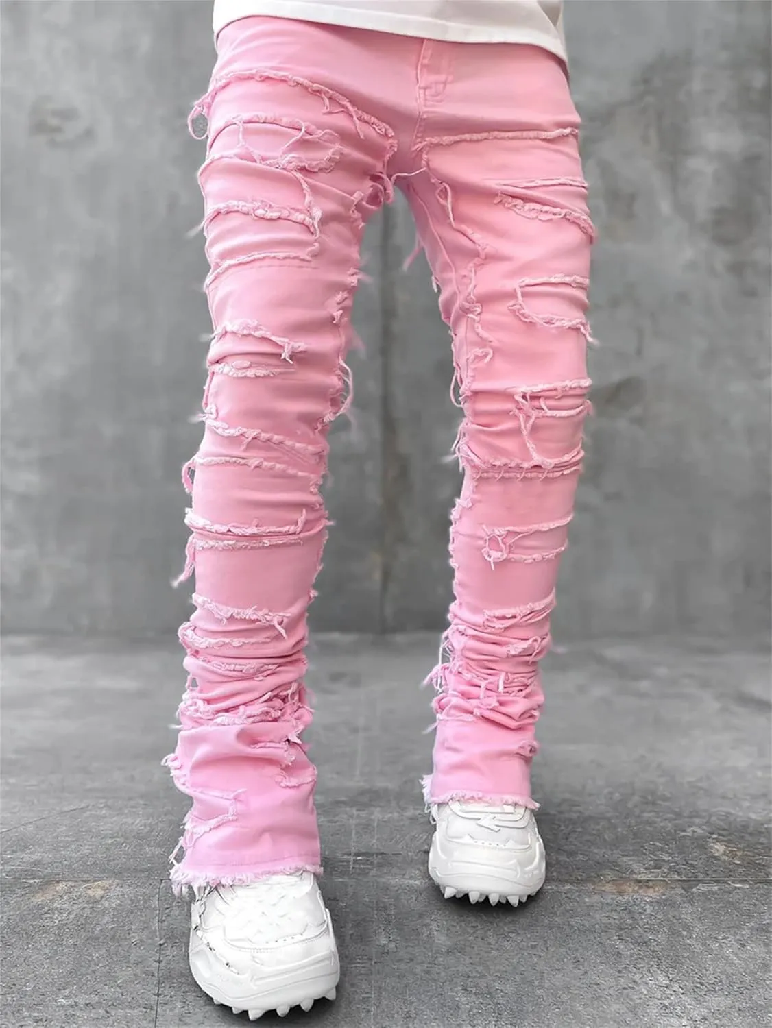 Mens Stacked Jeans Stretch Slim Fit Casual Ripped Destroyed Straight Denim Pants Harajuku Hip Hop Vintage Trousers