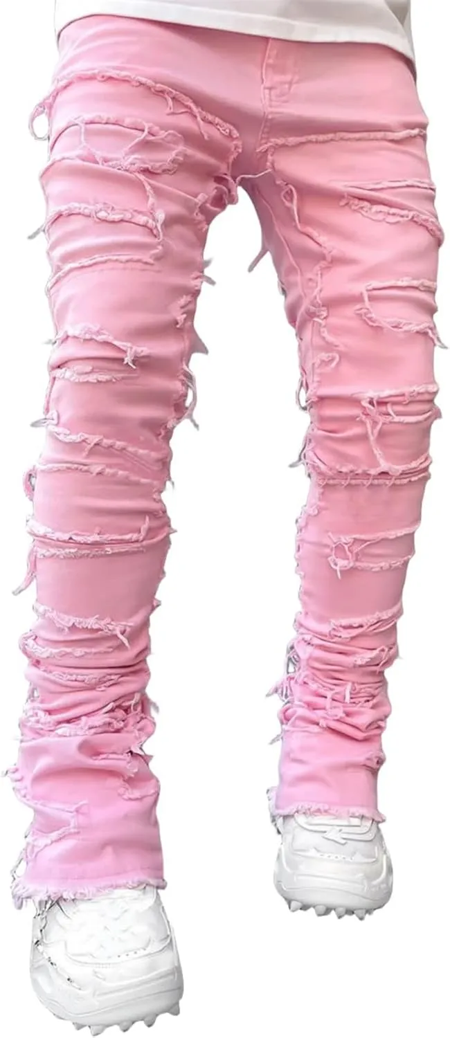 Mens Stacked Jeans Stretch Slim Fit Casual Ripped Destroyed Straight Denim Pants Harajuku Hip Hop Vintage Trousers
