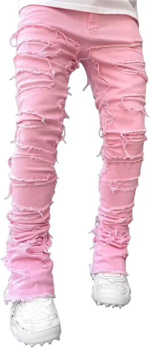 Mens Stacked Jeans Stretch Slim Fit Casual Ripped Destroyed Straight Denim Pants Harajuku Hip Hop Vintage Trousers