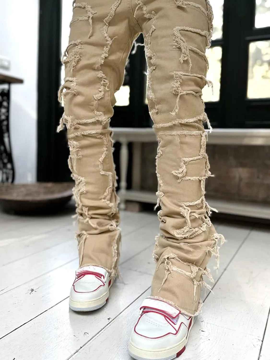 Mens Stacked Jeans Stretch Slim Fit Casual Ripped Destroyed Straight Denim Pants Harajuku Hip Hop Vintage Trousers