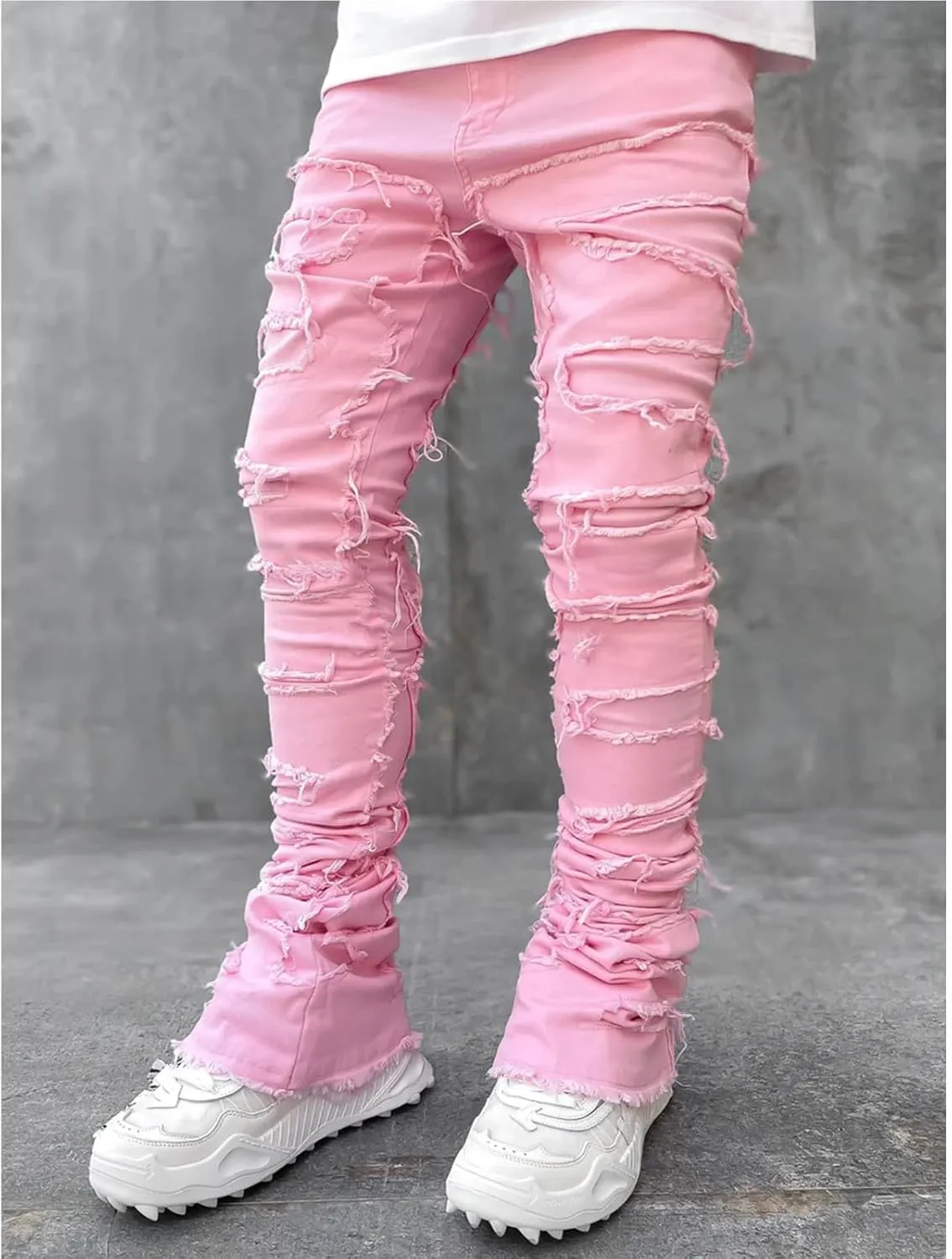 Mens Stacked Jeans Stretch Slim Fit Casual Ripped Destroyed Straight Denim Pants Harajuku Hip Hop Vintage Trousers