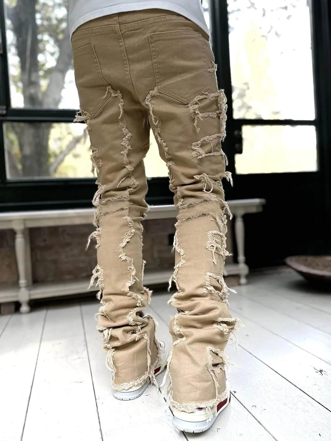 Mens Stacked Jeans Stretch Slim Fit Casual Ripped Destroyed Straight Denim Pants Harajuku Hip Hop Vintage Trousers