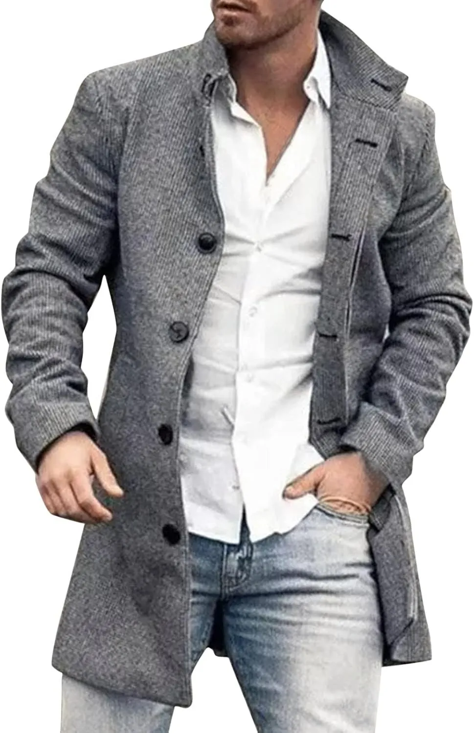 Mens Trench Coat Single Breasted Winter Warm Slim Fit Pea Coat Notched Collar Casual Overcoat Work Business Jacket