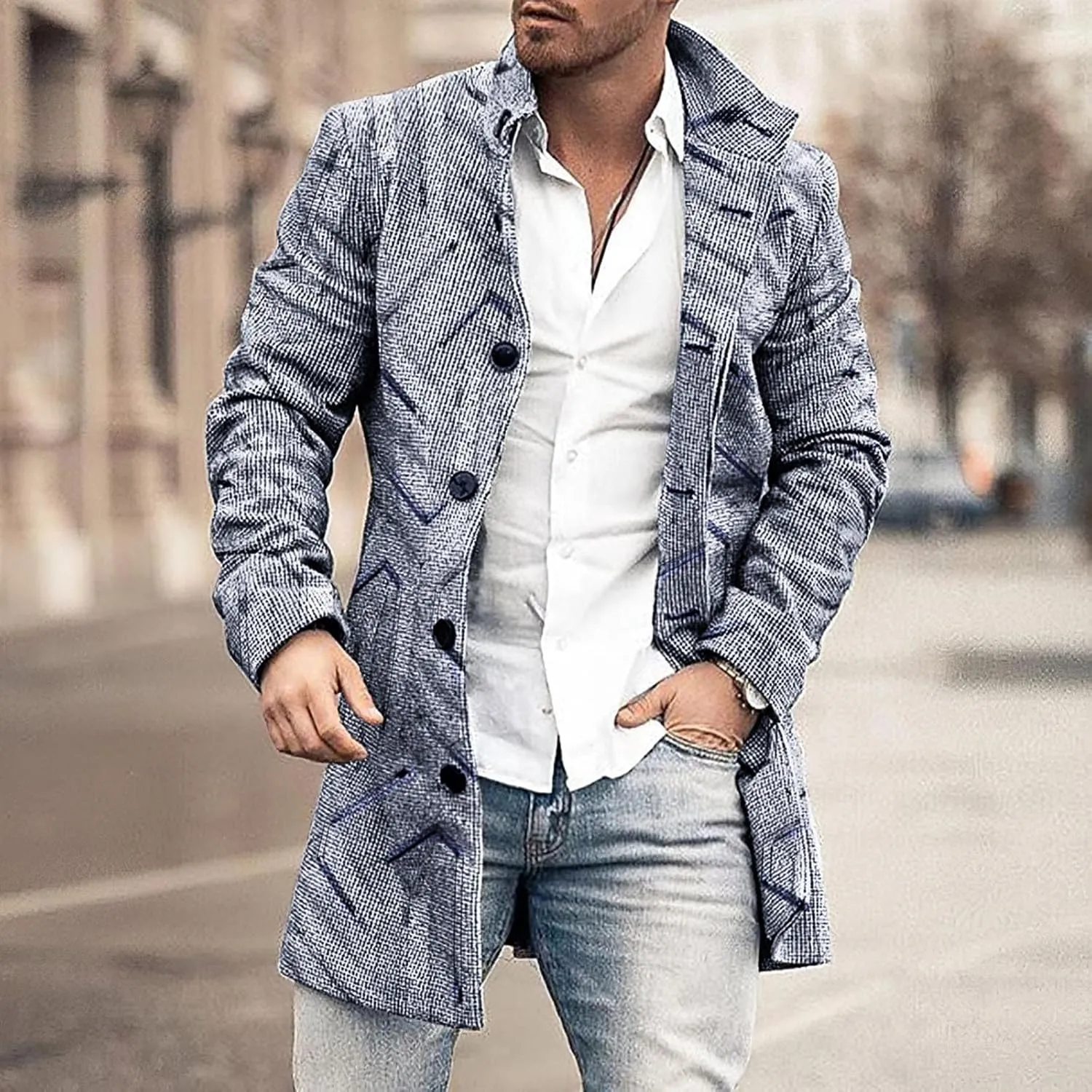 Mens Trench Coat Single Breasted Winter Warm Slim Fit Pea Coat Notched Collar Casual Overcoat Work Business Jacket