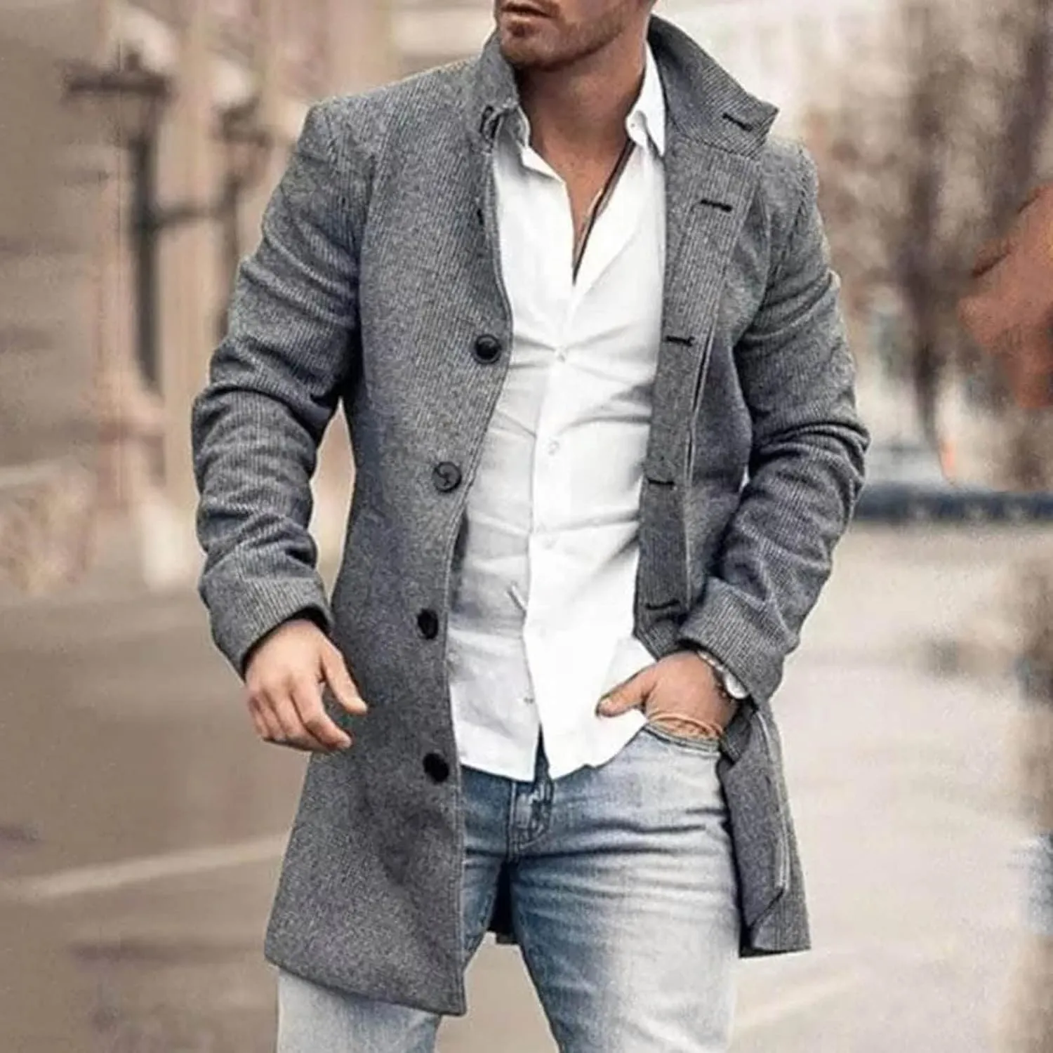 Mens Trench Coat Single Breasted Winter Warm Slim Fit Pea Coat Notched Collar Casual Overcoat Work Business Jacket