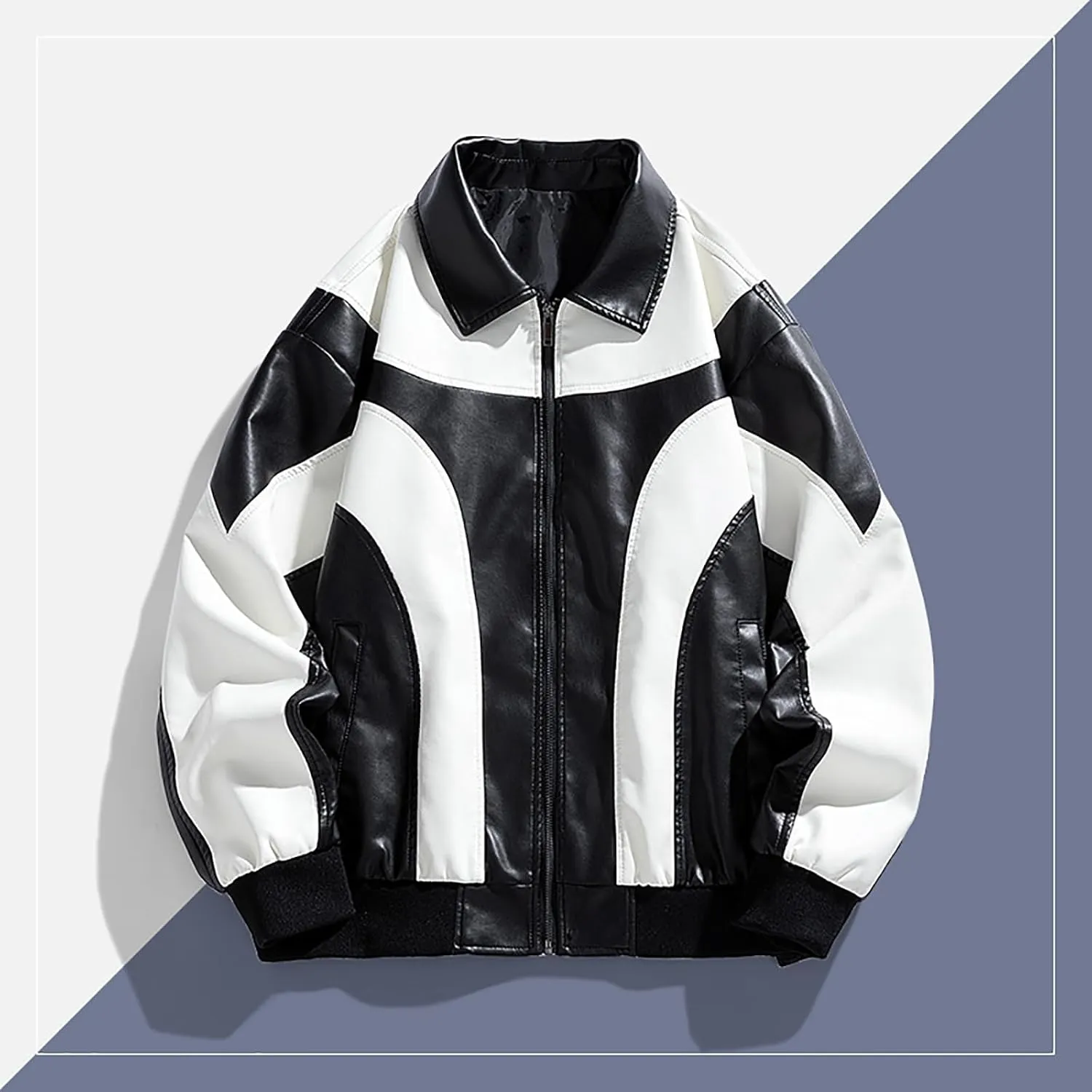 Men's Varsity Jacket Motorcycle Leather Jacket Fashion Color Block Baseball Leather Jacket Streetwear Bomber Coats
