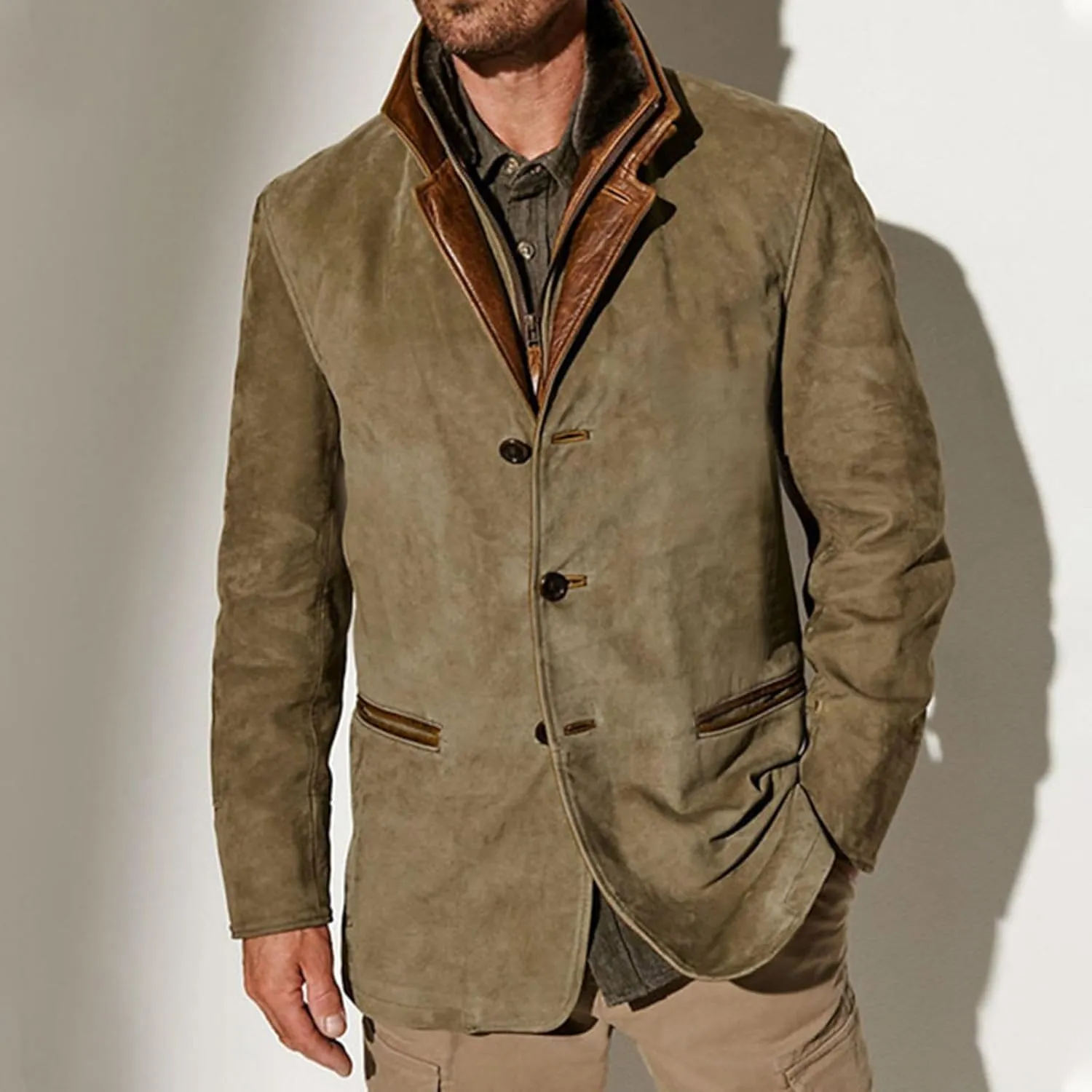 Mens Vintage Faux Leather Trucker Jacket with Suede Lapel Collar, Button-Down, Thickened Buckskin Coat