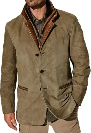 Mens Vintage Faux Leather Trucker Jacket with Suede Lapel Collar, Button-Down, Thickened Buckskin Coat