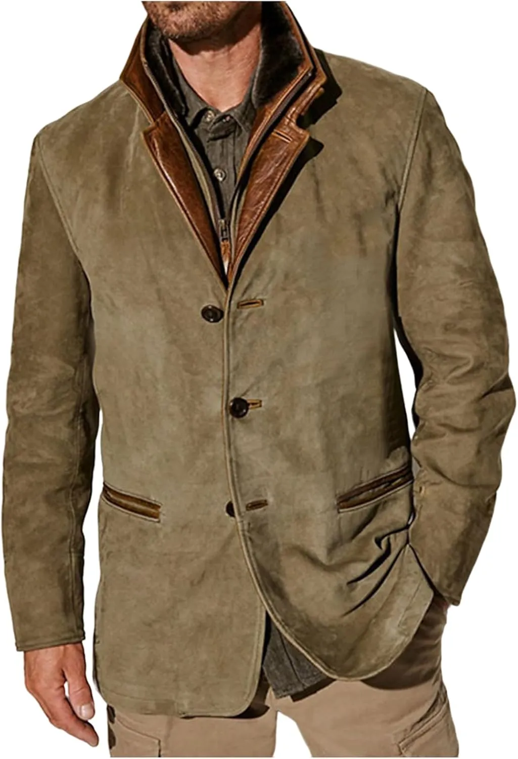Mens Vintage Faux Leather Trucker Jacket with Suede Lapel Collar, Button-Down, Thickened Buckskin Coat