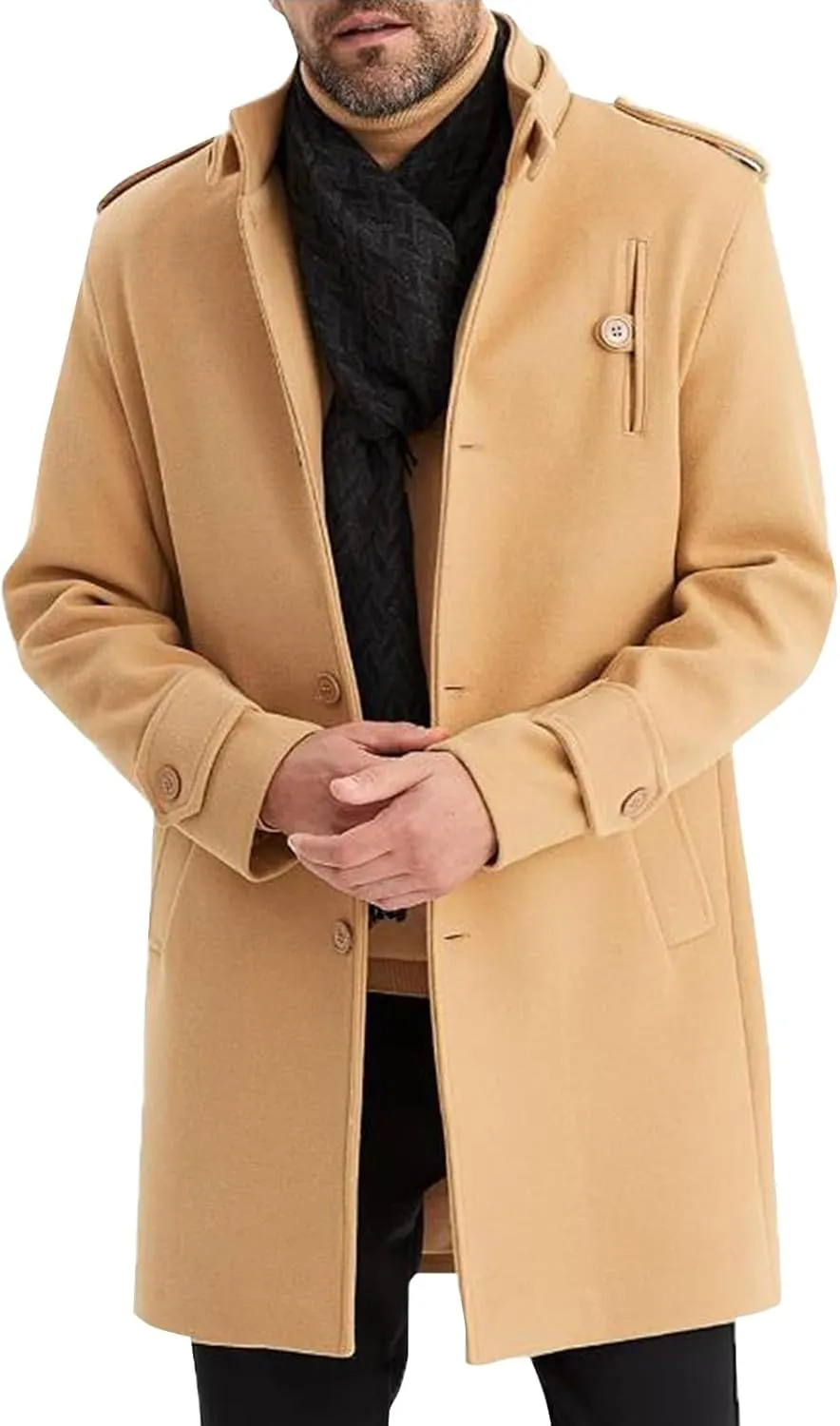 Men's Warm Single Breasted Peacoat Wool Blend Slim Fit Trench Overcoat with Pockets