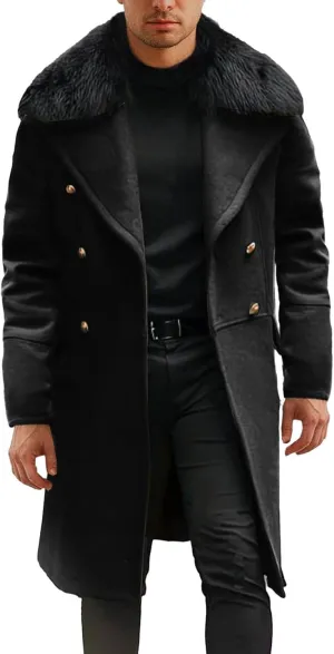 Men's Winter Overcoat Removable Faux Fur Collar Premium Casual Double Breasted Classic Business Long Trench Coat