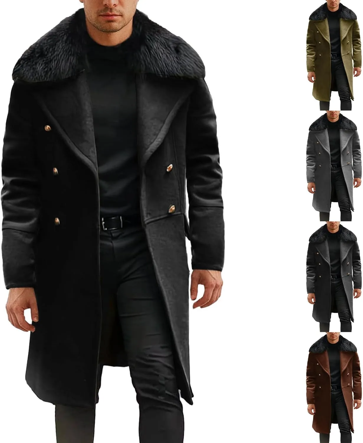 Men's Winter Overcoat Removable Faux Fur Collar Premium Casual Double Breasted Classic Business Long Trench Coat