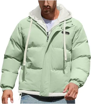 Mens Winter Puffer Jacket Hooded Down Coats Cotton Padded Warm Windproof Outerwear with Pockets