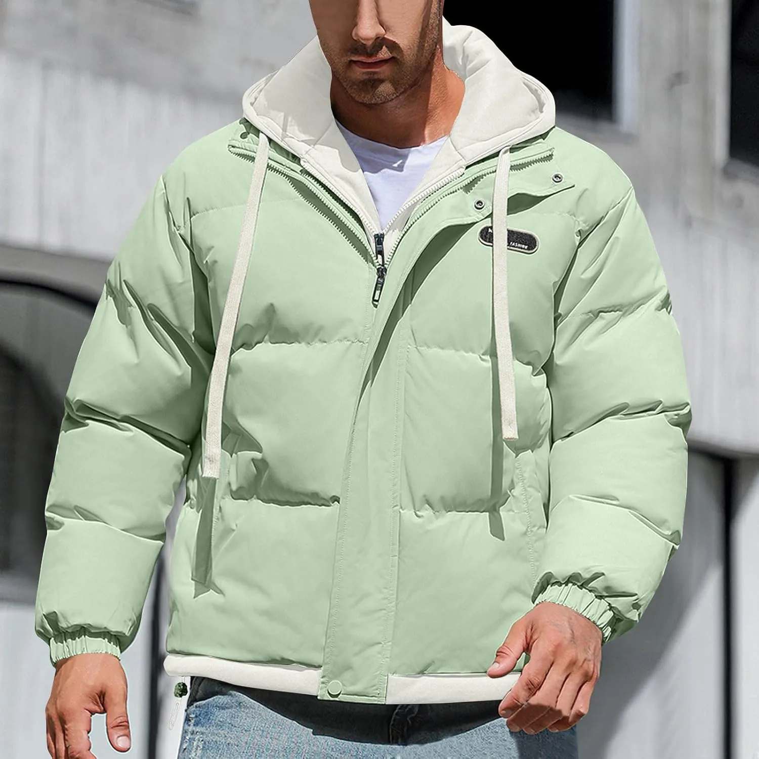 Mens Winter Puffer Jacket Hooded Down Coats Cotton Padded Warm Windproof Outerwear with Pockets