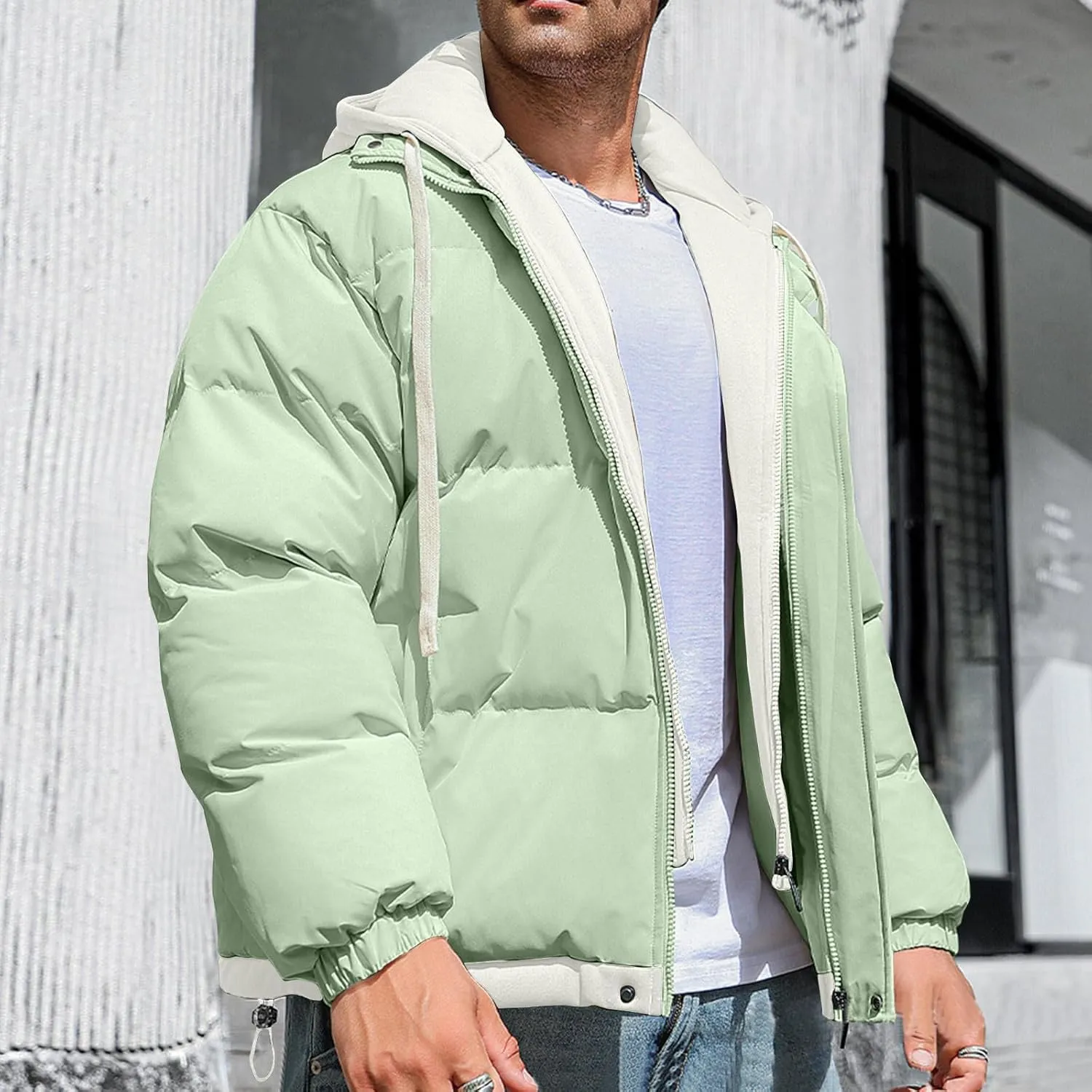 Mens Winter Puffer Jacket Hooded Down Coats Cotton Padded Warm Windproof Outerwear with Pockets