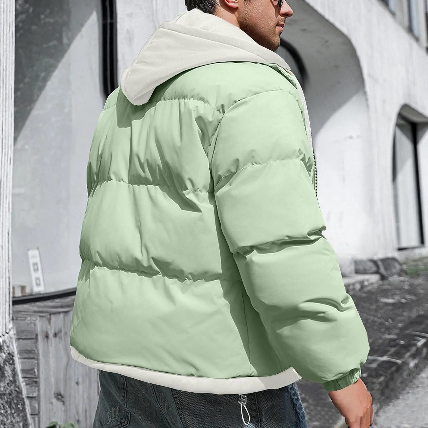 Mens Winter Puffer Jacket Hooded Down Coats Cotton Padded Warm Windproof Outerwear with Pockets