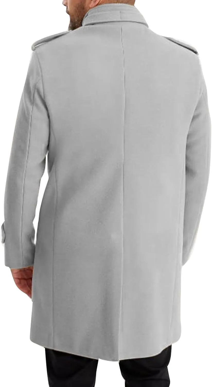 Men's Winter Single Breasted Long Jacket Wool Blend Notched Collar Trench Overcoat with Pockets