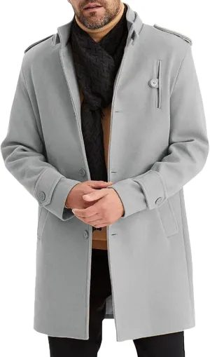 Men's Winter Single Breasted Long Jacket Wool Blend Notched Collar Trench Overcoat with Pockets