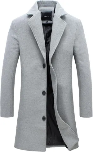 Mens Wool Blend Coat Winter Trench Coats Notched Lapel Collar Single Breasted Overcoat Classic Business Peacoat