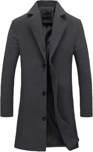 Mens Wool Blend Coat Winter Trench Coats Notched Lapel Collar Single Breasted Overcoat Classic Business Peacoat