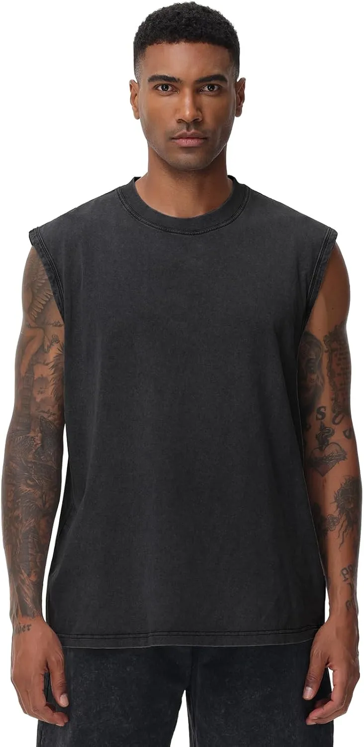 Mens Workout Tank Tops Sleeveless Tee Shirts Men Muscle Shirt Gym Acid Wash T Shirts Running Beach Loose Fit Tee