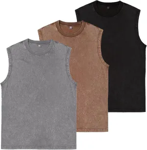 Mens Workout Tank Tops Sleeveless Tee Shirts Men Muscle Shirt Gym Acid Wash T Shirts Running Beach Loose Fit Tee