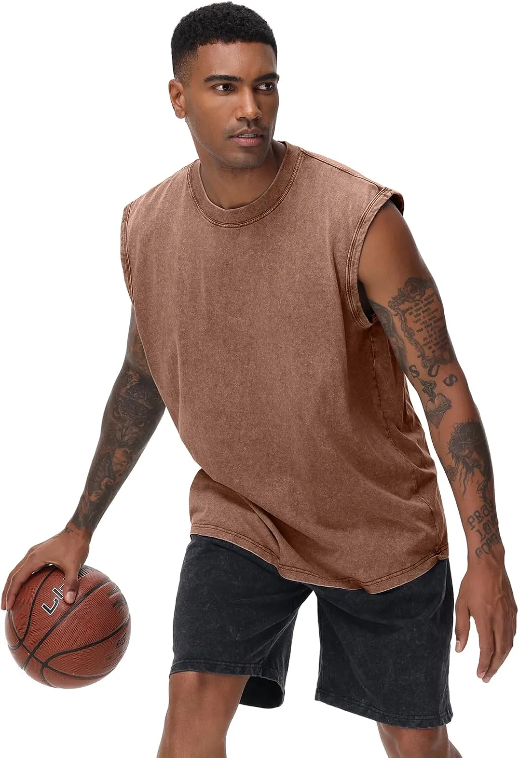 Mens Workout Tank Tops Sleeveless Tee Shirts Men Muscle Shirt Gym Acid Wash T Shirts Running Beach Loose Fit Tee