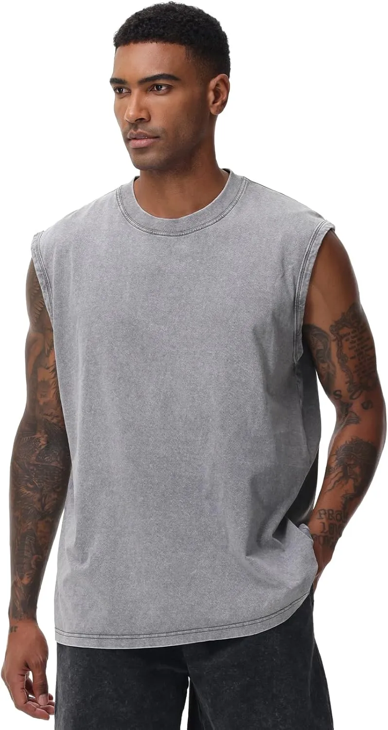 Mens Workout Tank Tops Sleeveless Tee Shirts Men Muscle Shirt Gym Acid Wash T Shirts Running Beach Loose Fit Tee