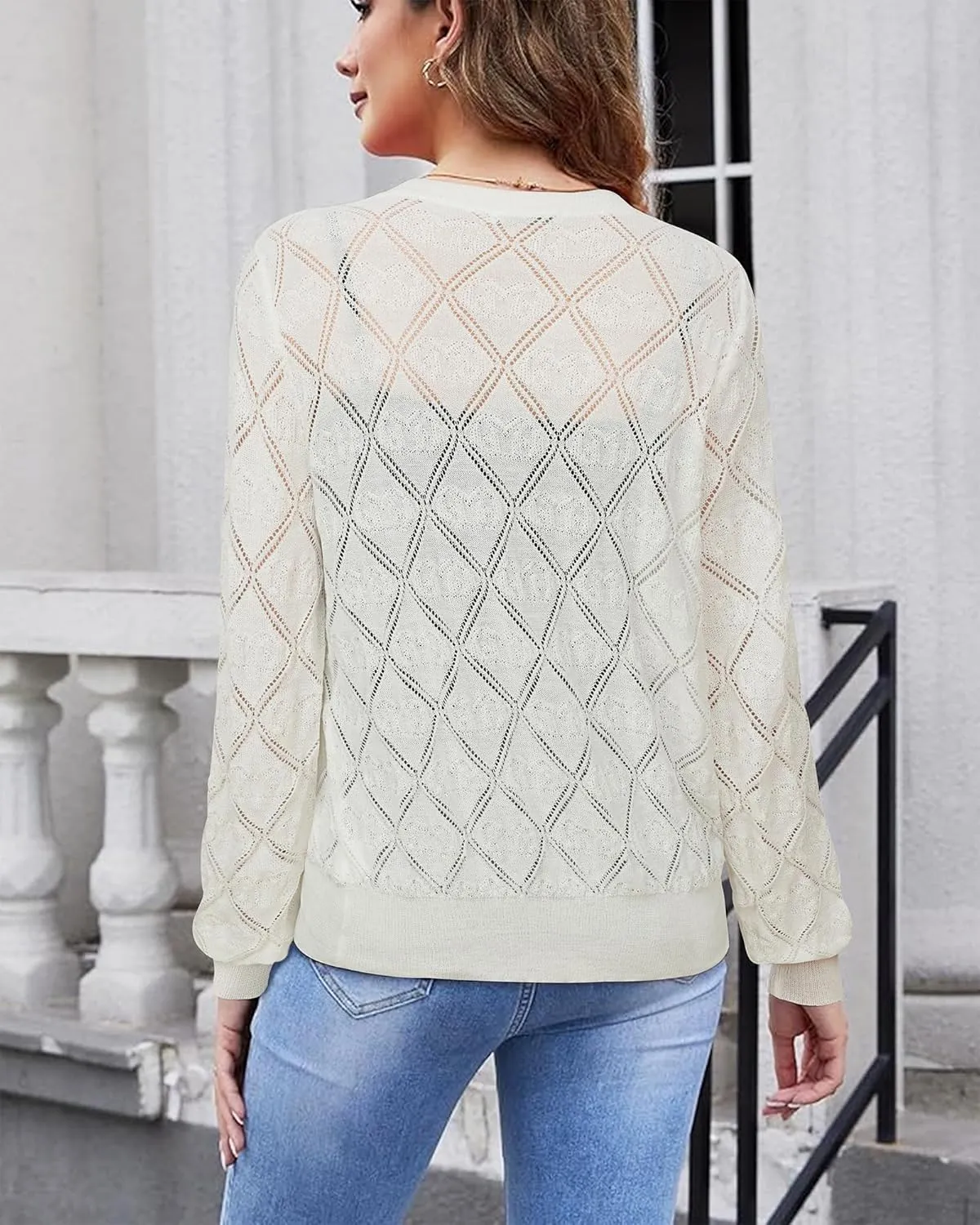 Messic Women's Lightweight Cardigan Shrugs Hollowed-Out Button Down Crochet Knit Sweater Tops